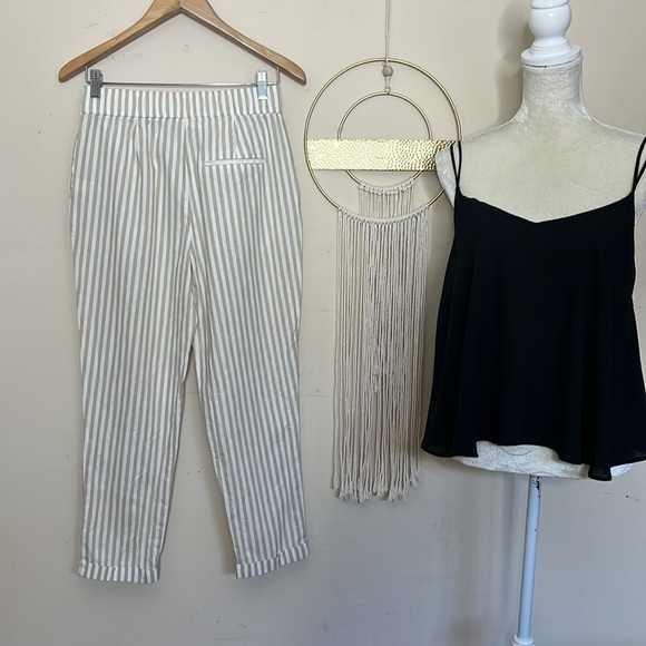 Zara • white tan neutral striped ankle pants with tie belt - Picture 3 of 13